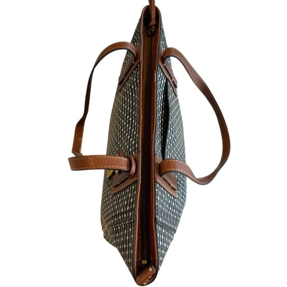 Fossil Rachel Large Tote Bag Top Zip Brown White Stripe/Dot